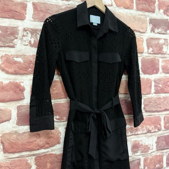 Cece Dress Women's Size 0 Black Embroidered Floral Lace Tie Waist Button Front - Picture 3 of 8